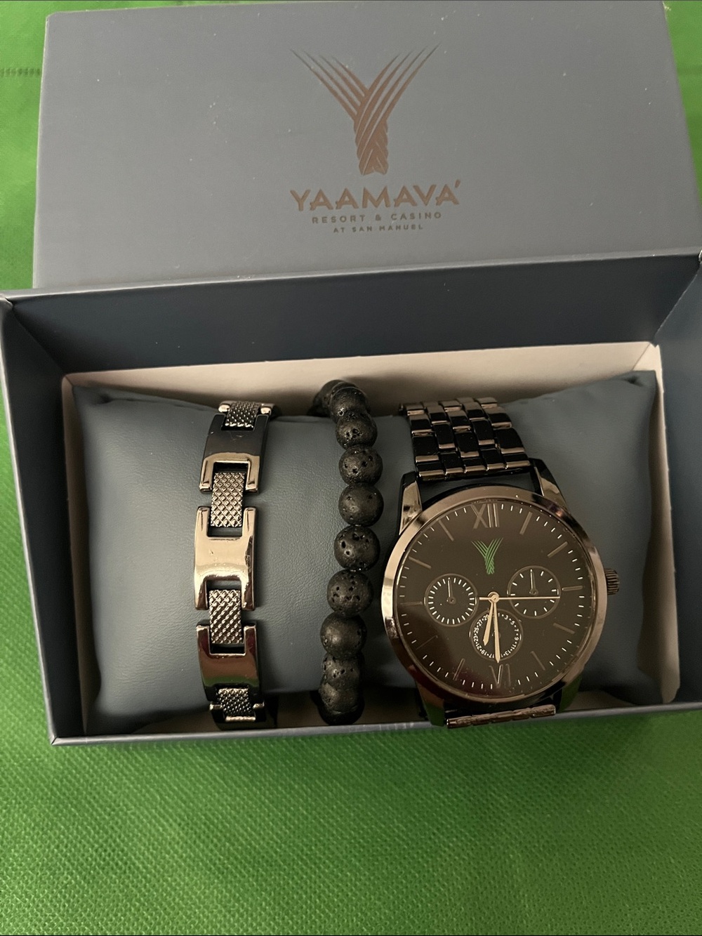 Yaamava' Black Stainless Steel Watch Gift Set with Beaded Bracelet